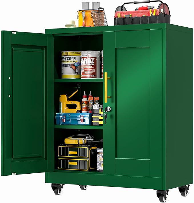 GAIOUS Metal Storage Cabinet with Lock and Wheels, Steel Tool Cabinet with 2 Door and 2 Adjustable Shelves, 35” Tall Lockable File Cabinet, Garage Cabinet, Rolling Cabinet for Home Office - Green