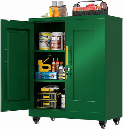 GAIOUS Metal Storage Cabinet with Lock and Wheels, Steel Office Cabinet with 2 Door and 2 Adjustable Shelves, 35” Tall Lockable File Cabinet, Garage Cabinet, Rolling Cabinet for Home Office - Green