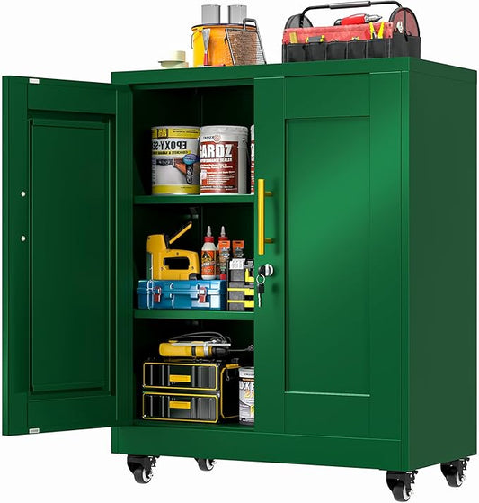 GAIOUS Metal Storage Cabinet with Lock and Wheels, Steel Office Cabinet with 2 Door and 2 Adjustable Shelves, 35” Tall Lockable File Cabinet, Garage Cabinet, Rolling Cabinet for Home Office - Green