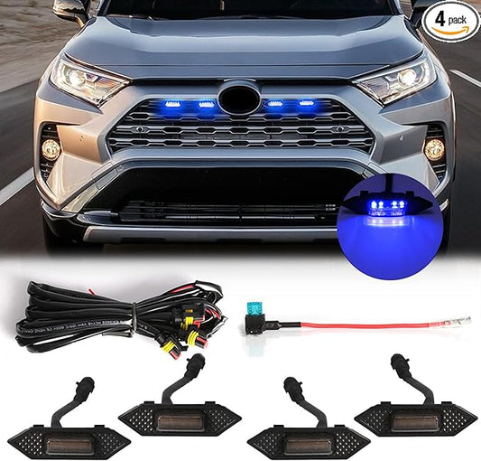 LED Grill Lights For Toyota RAV4 2019 2020 2021 2022 Front Grille Smoked Shell Blue Light 4 Pcs