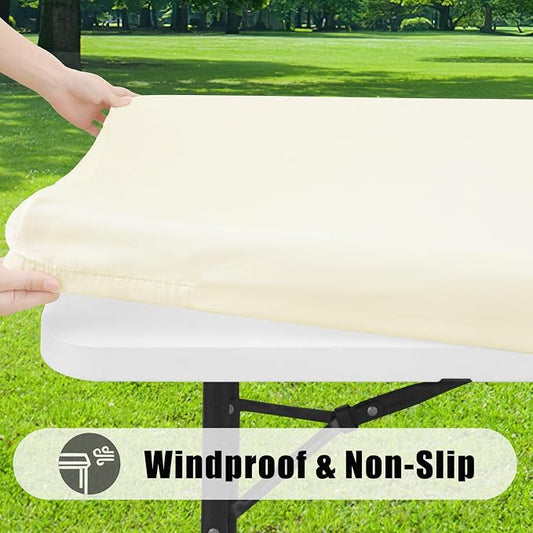 Smiry Rectangle Picnic Table Cloth, Waterproof Elastic Fitted Tablecloths for 4 Foot Tables, Washable Polyester Table Cover for Camping, Indoor and Outdoor (Beige, 30"x48")