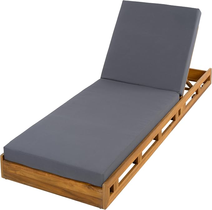 Merax Patio Chaise Lounge with Adjustable Backrest & Cushion, Acacia Wood Recliner Chair with Teak Finish for Backyard Pool Garden