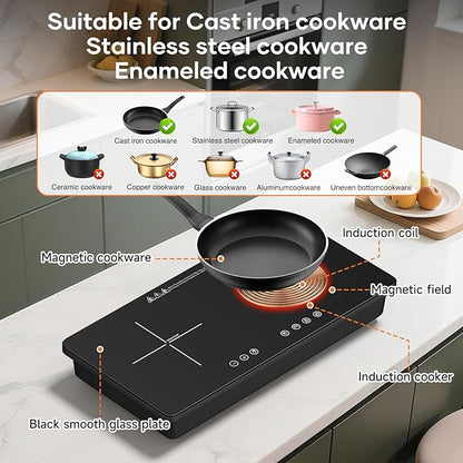 1800W Double Induction Burner, Minimal Cross-Pattern Panel, 2×900W Cooking Zones, Touch Control, 8 Power Levels, 1–99 min Timer, Durable Ceramic Glass for Magnetic Pots