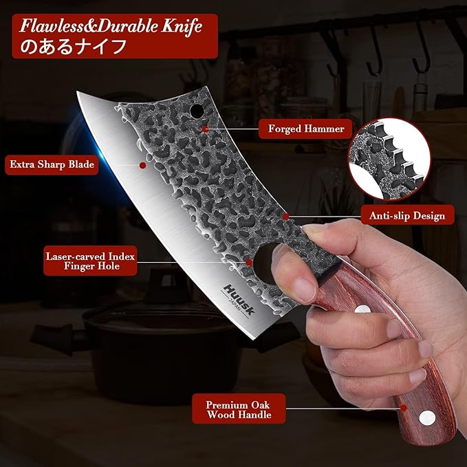 Huusk Meat Cleaver Knife, Hand Forged Butcher Knife for Meat Cutting, Full Tang Viking Knives with Sheath, Japanese Chef Knives for Outdoor Cooking, Camping, BBQ, Father Gift for Man and Women