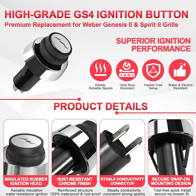 66220 Spirit 2 Igniter Switch for Weber Genesis II & Spirit II Grill GS4 Igniter Button Replacement Spirit II E310 E210 S210 S310 Electronic Ignition, Genesis 2 Grill Ignitor Replacement(2017-Newer)