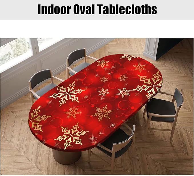 Red Christmas Oval Tablecloths, Golden Snowflake Print Elastic Fitted Table Cloth, Windproof Oblong Covers for Indoor Dinner and Outdoor Patio Decor, Fits Tables up to 48'' x 68''