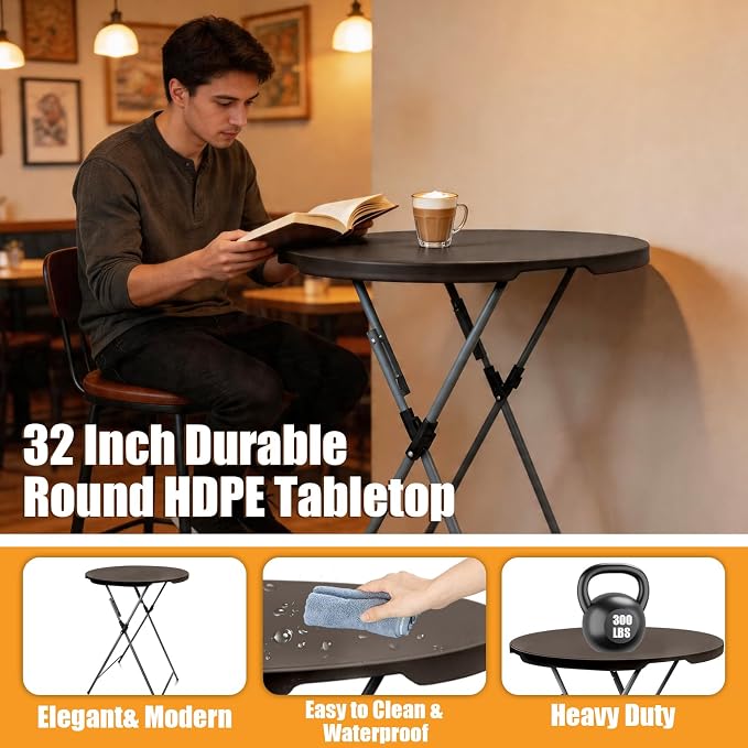 GUAGUA 32inch Folding Cocktail Tables, Bar Height, 2 Pack Brown | 32in round bar-height tables with foldable legs for parties, weddings, catering, and portable indoor or outdoor setups.