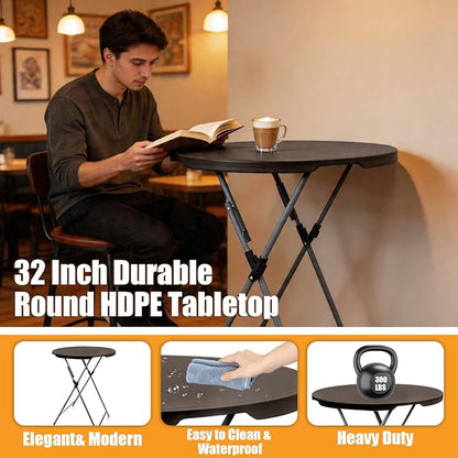 GUAGUA 32in Folding Cocktail Table, Bar Height, Round,High Top,Brown | 32in round bar-height tables with foldable legs for parties, weddings, catering, and portable indoor or outdoor setups.