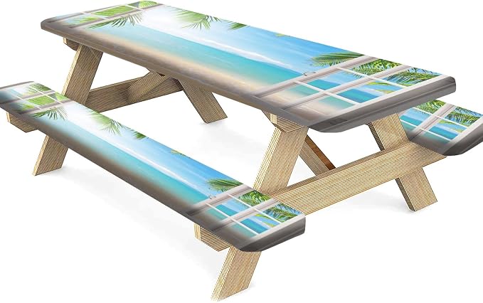 White Wooden Windows Picnic Table and Bench Fitted Tablecloth Cover, 3-Piece Set, Tropical Palms on Ocean Print Elastic Edge Rectangle Fitted Tablecloth for Outdoor Camping & Dinning, 72x28 Inch