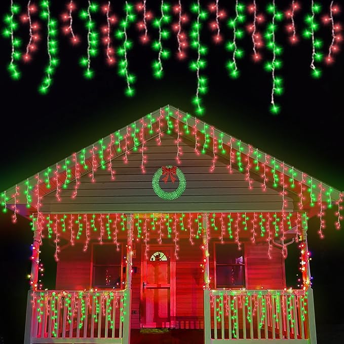 YEGUO 66ft 800 LED Red and Green Icicle Lights Outdoor Waterproof, 160 Drops Icicle String Lights Connectable, 8 Modes Icicle Christmas Lights with Memory Timer