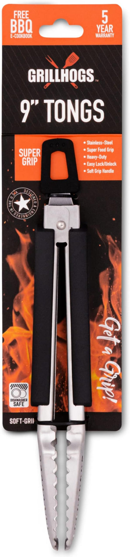 Dropkick Your Old Tongs, GRILLHOGS 9-Inch 2 Pack Barbecue Tongs Are the Only Equipment That Can Handle Your Massive Meat, Stainless Steel + Soft Grip, Dishwasher Safe, Premium Grill Tongs