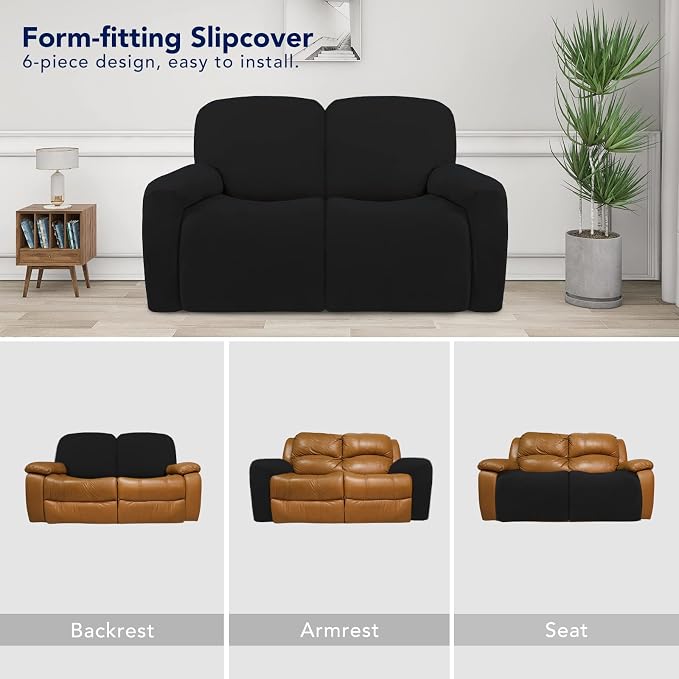 PureFit Super Stretch Loveseat Recliner Sofa Couch Cover with Pocket | 2 Seats Non Slip Soft Sofa Slipcover, Washable Reclining Furniture Protector for Kids, Pets (Recliner Loveseat, Black)