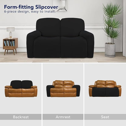 PureFit Super Stretch Loveseat Recliner Sofa Couch Cover with Pocket | 2 Seats Non Slip Soft Sofa Slipcover, Washable Reclining Furniture Protector for Kids, Pets (Recliner Loveseat, Black)