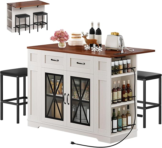 YITAHOME Kitchen Island with Seating | 47 Inch Mobile Storage Island with Drop Leaf, Power Outlet & Spice Rack, 2 Upholstered Stools and Footrest