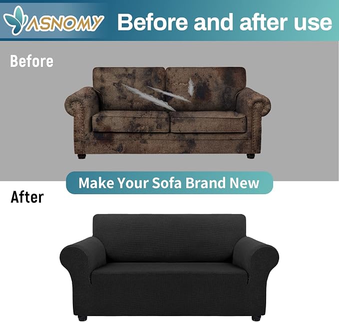 Asnomy Stretch Couch Covers Washable,loveseat Cover Slipcovers,Black | 1-Piece Sofa Cover(55"-78") loveseat cover Furniture Protector Soft Jacquard,Non-Slip Elastic Bottom for Dogs & Kids