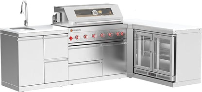 SERA C 6-Burner Propane L-Shape Module Outdoor Kitchen All in one | 87,900BTU, 115L double fridge, dual sink, 90° corner creates L-shape, 304SS, soft-close, locking caster, patio entertaining