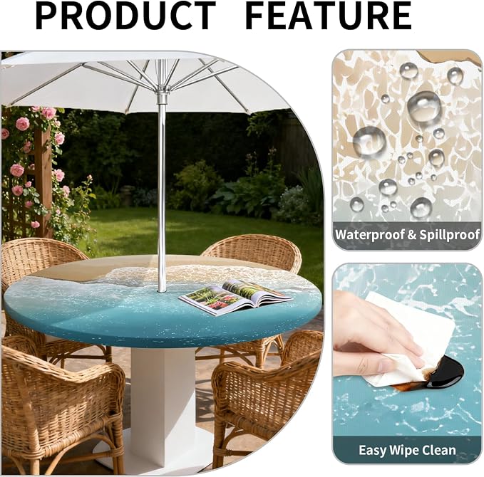 Outdoor Tablecloth with Umbrella Hole and Zipper Fits 37-44" Tables | Waterproof Round Fitted Tablecloth with Elastic Edge, Wipeable Outdoor Table Cover for Patio, Garden, Picnic