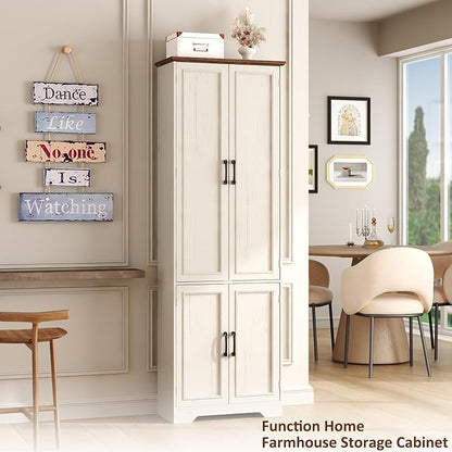 Function Home Farmhouse Kitchen Pantry Cabinet, 72" Tall Storage Cabinet with Doors and Adjustable Shelves, 6 Tier Freestanding Cupboard for Dining Room Living Room Bathroom, Antique White & Brown Top