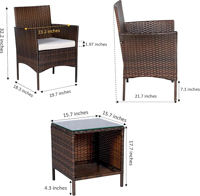 Outdoor Wicker Conversation 3 Piece Bistro Set Garden Patio Yard Porch Furniture Space Saving Pe Rattan Two Chairs Cushions Side Storage Glass Table Brown/Beige 3pc Set