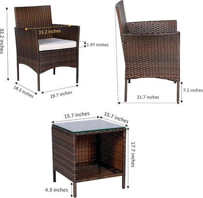 Outdoor Wicker Conversation 3 Piece Bistro Set Garden Patio Yard Porch Furniture Space Saving Pe Rattan Two Chairs Cushions Side Storage Glass Table Brown/Beige 3pc Set