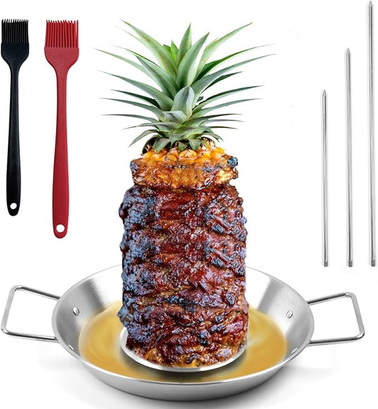 Fengzhe Al Pastor Skewer for Grill, Stainless Steel Vertical Skewer, Brazilian Spit Stand with 3 Spikes,2 Brushes,Ideal for Tacos Al Pastor,Shawarma, Kebabs on Smoker, Oven,with Fat Separator Tray.