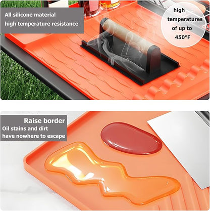 Silicone Grill Tools Mat for Blackstone Side Shelves (22–28″) – Heat-Resistant Utensil Organizer with Drip Pad, 8 Slots, Easy-Clean Prep & Counter Protection