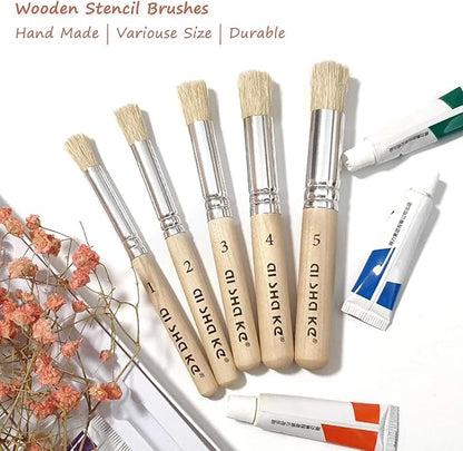 Auhoahsil Stencil Brushes Set, 5 Pcs Natural Bristle Wooden Handle Template Brushes for Wood Wall Model House Painting, Stencil Projects, Card Making, DIY, Crafts and Acrylic Oil Watercolor Painting