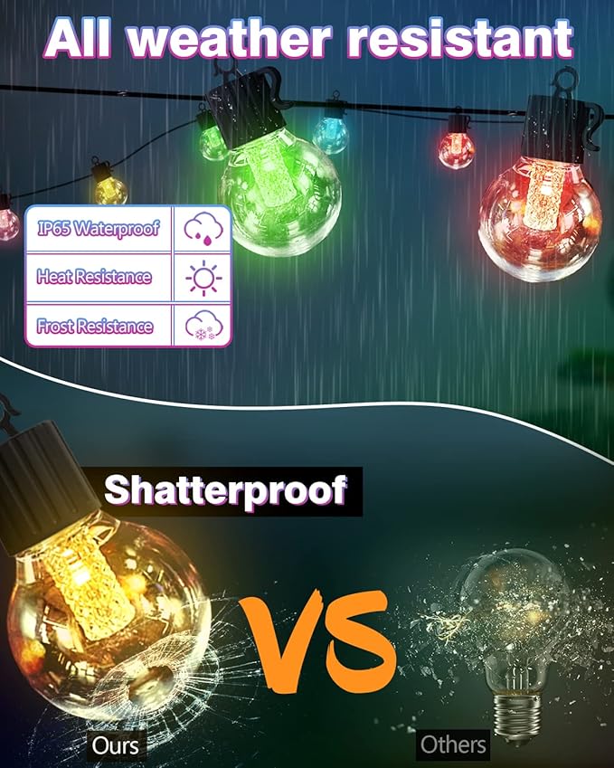 FREECUBE 50 FT Solar String Lights Outdoor Waterproof, 25LEDs G40 Globe Shatterproof Bulbs,Warm White & Multicolor,8 Modes,Timer, Solar Powered Patio Lights for Backyard, Porch, Garden, Wedding Decor