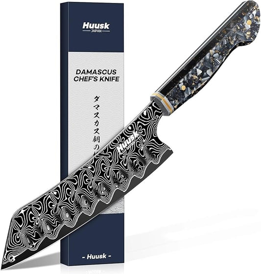 Huusk Damascus Japanese Chef Knife - Ultra Sharp Damascus VG-10 Kitchen Knife, Professional Santoku Knives with Ergonomic Resin Handle, Ideal Birthday Dad Mom Gift