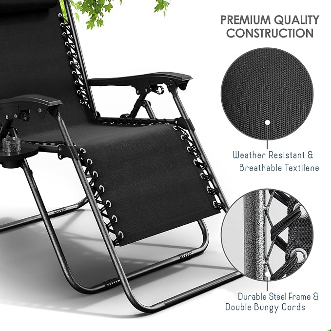 Nestl Zero Gravity Chairs Set of 6, Patio Lounge Chair Outdoor with Pillows & Cup Holder Trays, Adjustable Steel Mesh Reclining Camping Chair, Folding Patio Lawn Chair for Deck, Beach, Yard - Black