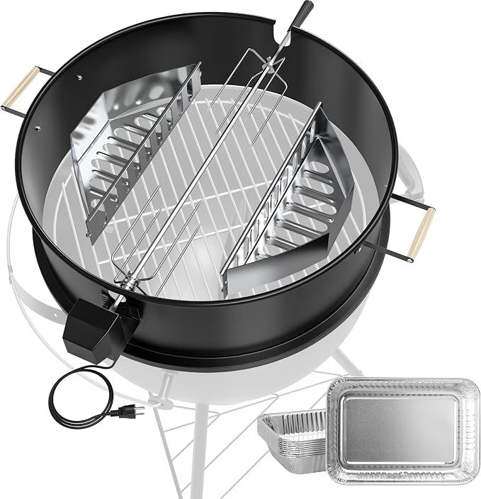 Upgraded Rotisserie Kit for Weber 22 inch Kettle Charcoal Grills Accessories, Rotisserie Grill Kit for Weber & Other Similar Size Grills, with Handles, Charcoal Baskets,10 Pcs Drip Pans, Black