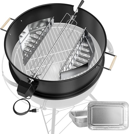 Upgraded Rotisserie Kit for Weber 22 inch Kettle Charcoal Grills Accessories, Rotisserie Grill Kit for Weber & Other Similar Size Grills, with Handles, Charcoal Baskets,10 Pcs Drip Pans, Black