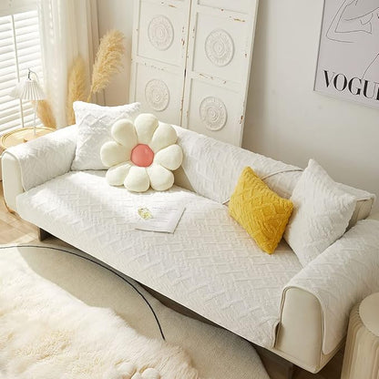 vctops Geometric Jacquard Plush Sofa Couch Covers Farmhouse Neutral Non Slip Sectional Couch Cover Soft Warm Sofa Slipcover for Dogs, Children, Pets Furniture Protector (White,36"x47")