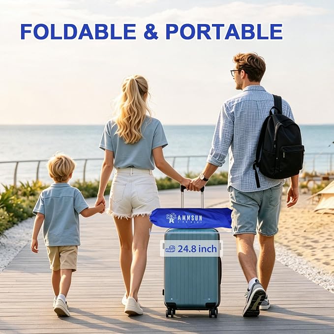 AMMSUN 6ft Folded Portable Travel Beach Umbrella with Sand Anchor Tilt Air vent UPF 50+UV Protection Fit In Suitcase Compact Foldable Telescopic umbrellas for Patio Garden Beach Pool Blue
