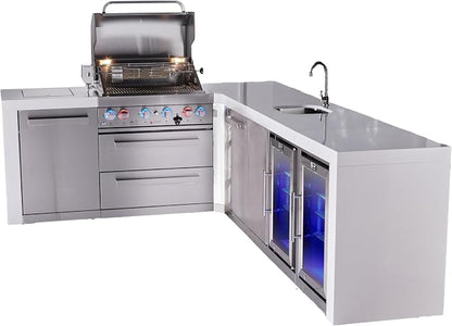 Mont Alpi Premium 4-Burner 82"x113" L-shaped 400 Deluxe Stainless Steel Modular Outdoor Kitchen Island BBQ Gas Grill + Beverage Center Refrigerator Faucet & Sink + Storage Drawers & Cabinets + Cover
