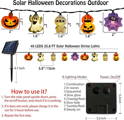 Halloween Decorations Outdoor Solar String Lights, 25.8ft 40LED Pumpkin Ghost Mummy Stacked Pumpkins Spider Web Solar Halloween Lights for Outside House Garden Yard Halloween Party Decor