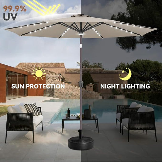 Solar Patio Umbrella with Centre Light, 10 ft Taupe | 40 LED Lights, UV Protection, Solar Outdoor Umbrella for Porch, Deck, Pool, Table, Garden, Provides Evening Lighting