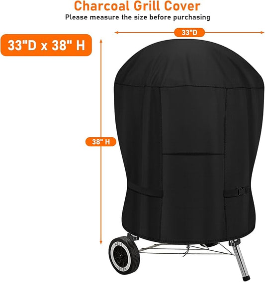 Charcoal Grill Cover,600D Round Grill Cover for Weber and Most 26 inch Charcoal Grill,Waterproof Outdoor Smoker Cover with Ventilation & Strap-33 D x 38" H