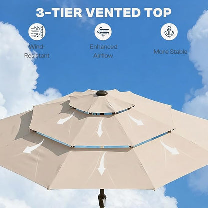 10ft 3 Tier Patio Umbrella, Outdoor Market Table Umbrella with UPF 50+ Vented Canopy, 8 Sturdy Ribs, Easy Push Button Tilt and Crank, Windproof for Deck, Pool, Backyard and Garden