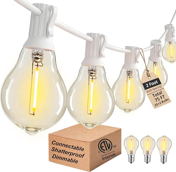 White Outdoor String Lights 75FT Waterproof Lighting for Patio Wedding Yard | 2FT Bulbs Apart White Cord, 75FT Connectable Outdoor Lights with 38 Shatterproof Dimmable LED Bulbs for Garden Bistro Balcony