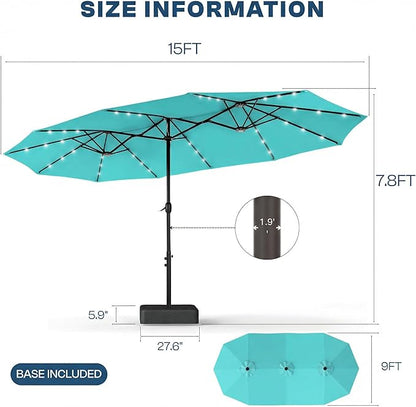 15FT Large Outdoor Patio Umbrella with Solar Lights and Base, Double-Sided Table Umbrellas with 48 LED Lights, Rectangle Market Umbrella for Pool, Deck, Backyard
