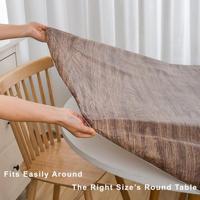 LIBERECOO Round Vinyl Fitted Tablecloth with Flannel Backing Elastic Edge Table Cover Waterproof Stain-Resistant Wipeable Tablecloths Fits 57-65" Round Tables
