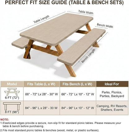 Picnic Table Cover with Bench Covers Windproof Waterproof Picnic Table Covers Camping Tablecloth with Self-Storage Bag, 72in, Light Brown