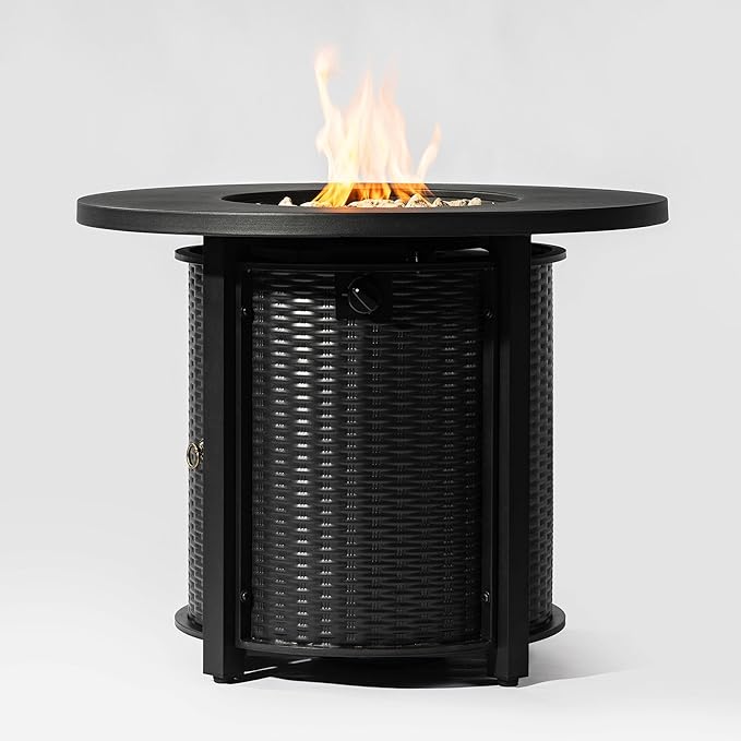 KEIKI 32 Inch Round Propane Fire Pit Table, Wicker Pattern Steel Outdoor Gas Fireplace, Patio Heater for Garden Deck