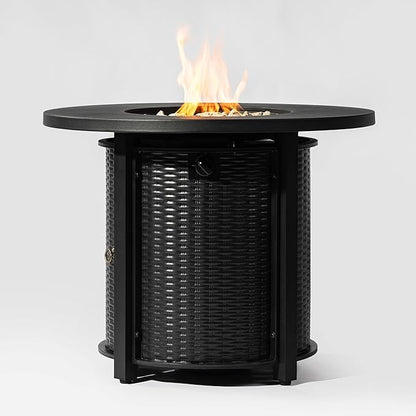 KEIKI 32 Inch Round Propane Fire Pit Table, Wicker Pattern Steel Outdoor Gas Fireplace, Patio Heater for Garden Deck
