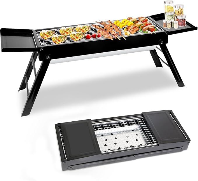 Charcoal Grill,Portable Folding BBQ Grill with Side Table,Tabletop Barbecue Grill with Stainless Steel Grill Net Easy Setup for Outdoor Camping Picnic Party Backyard
