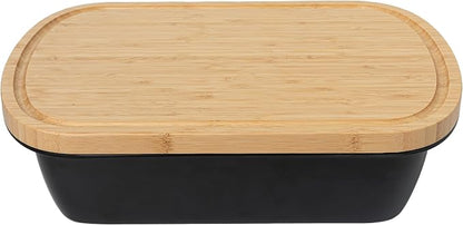 Grill Marinade Tray with Wood Lid, Grill Serving Platter Set, Barbeque Prep Platter Sets, 2 Piece Melamine Prep and Store Tray with Cutting Board for Grill, Meal Prep, Barbeque, Black