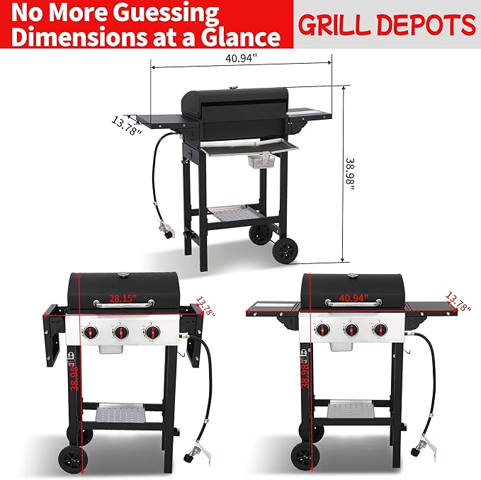 Propane Gas Grill, 3 Burner BBQ Grill with Folding Side Tables, 30,000 BTU Outdoor Grill with Wheels, 252 sq.in Cooking Area, Cast Iron Grates + Stainless Steel Griddle