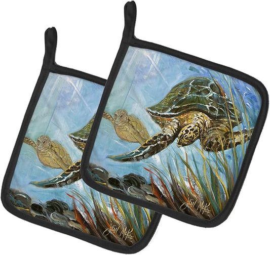 Caroline's Treasures JMK1261PTHD Loggerhead Sea Turtle Pair of Pot Holders Kitchen Heat Resistant Pot Holders Sets Oven Hot Pads for Cooking Baking BBQ, 7 1/2 x 7 1/2