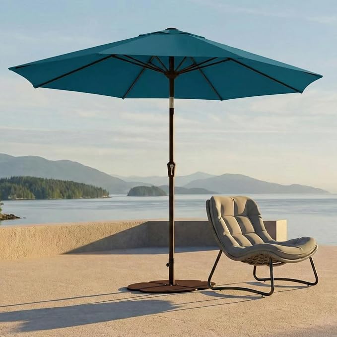 Kingdura 9FT Outdoor Patio Umbrella, Round Market Table Umbrella with Push‑Button Tilt and Crank Lift, 8 Sturdy Metal Ribs, UV50+ Protection Canopy for Backyard, Lawn, Deck, Poolside, Garden (Lake blue)
